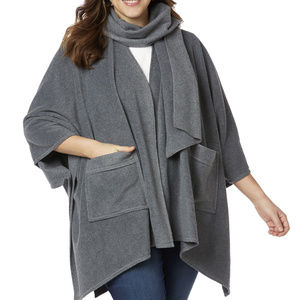 Fleece Poncho and Detachable Scarf Set